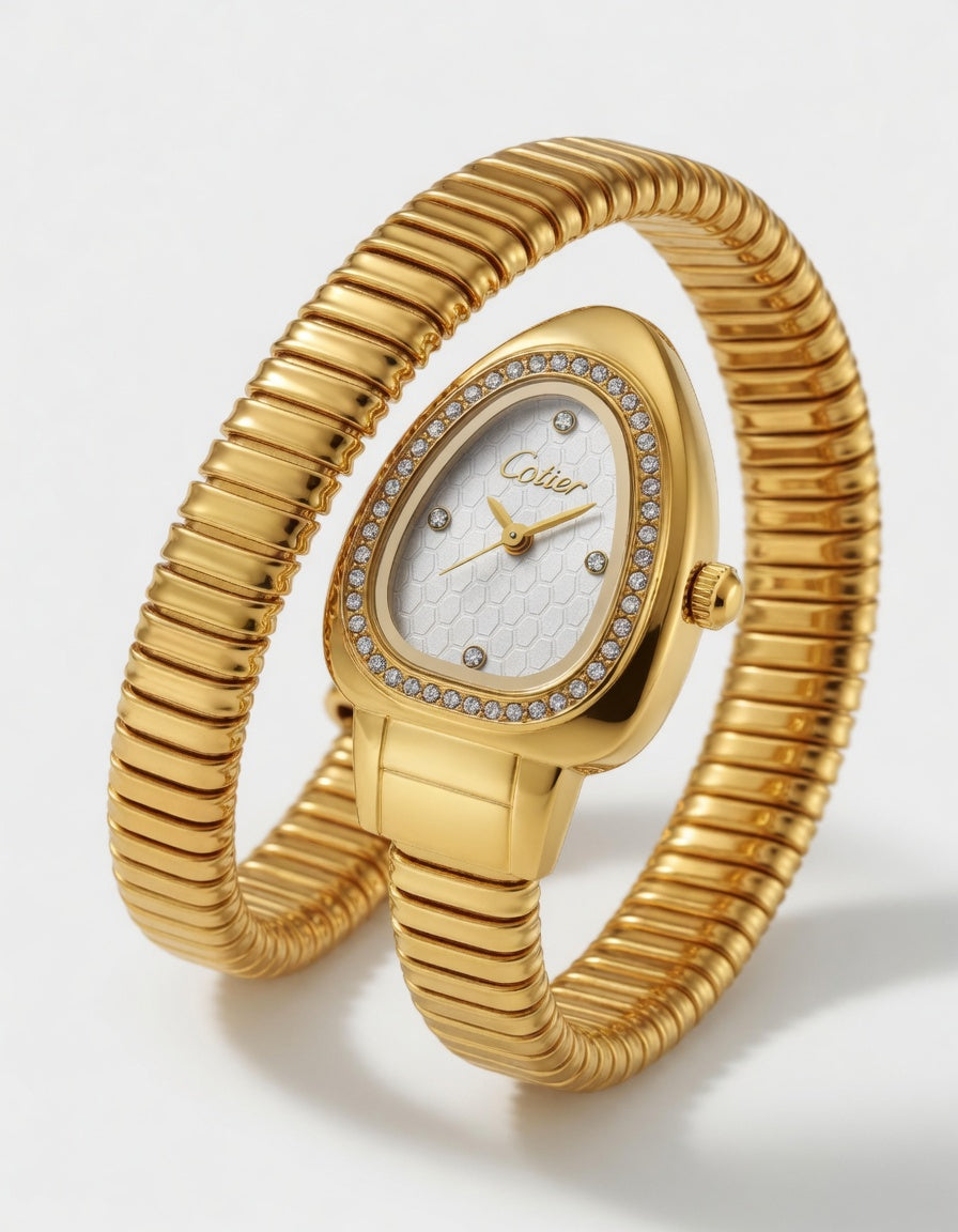 Cotier Gold Snake Chain Crystal Watch