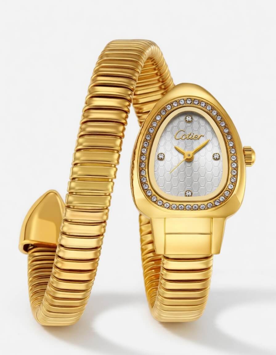 Cotier Gold Snake Chain Crystal Watch