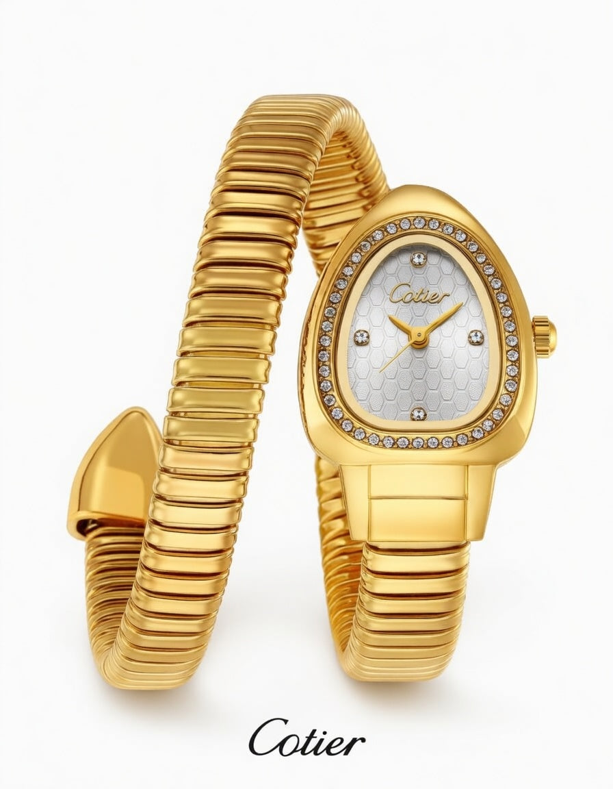 Cotier Gold Snake Chain Crystal Watch