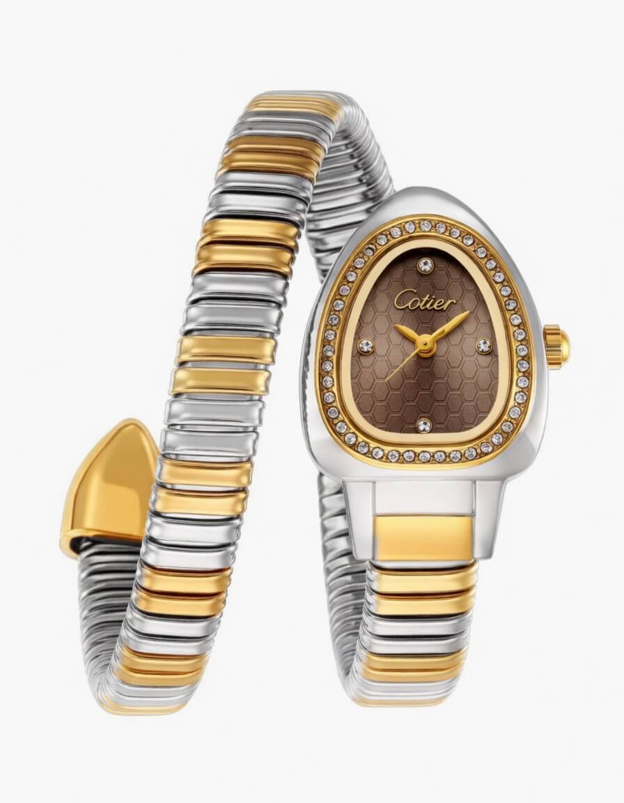 Cotier Two-Tone Snake Chain Crystal Brown Watch