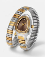 Cotier Two-Tone Snake Chain Crystal Brown Watch