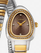 Cotier Two-Tone Snake Chain Crystal Brown Watch