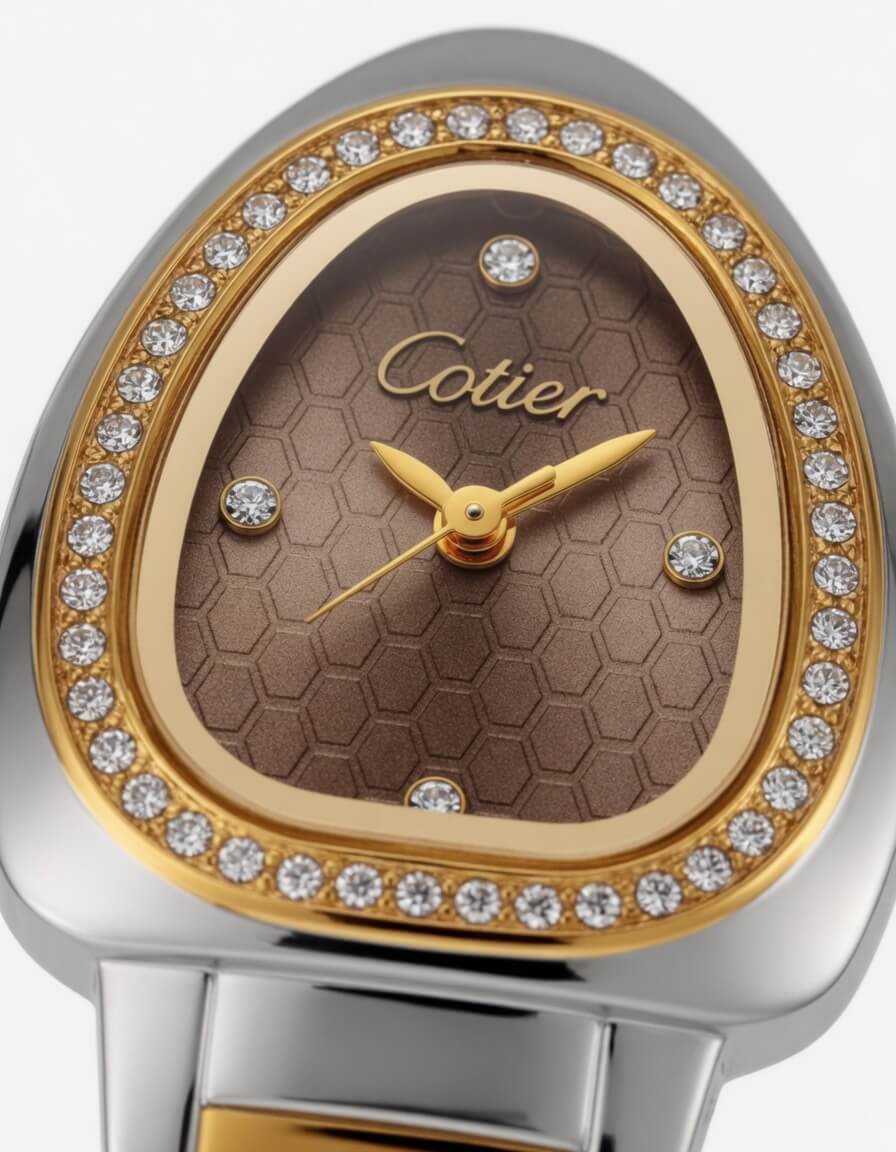 Cotier Two-Tone Snake Chain Crystal Brown Watch