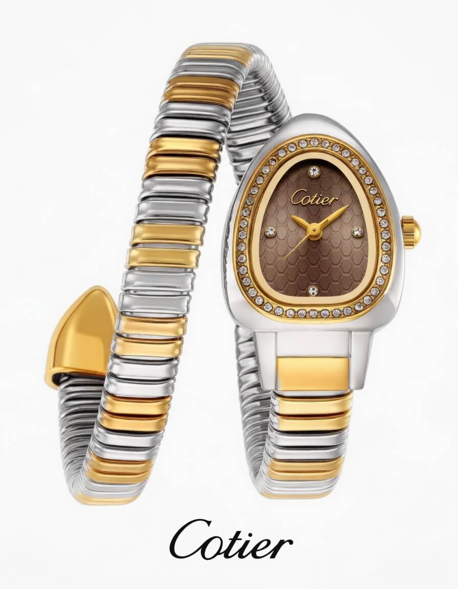 Cotier Two-Tone Snake Chain Crystal Brown Watch