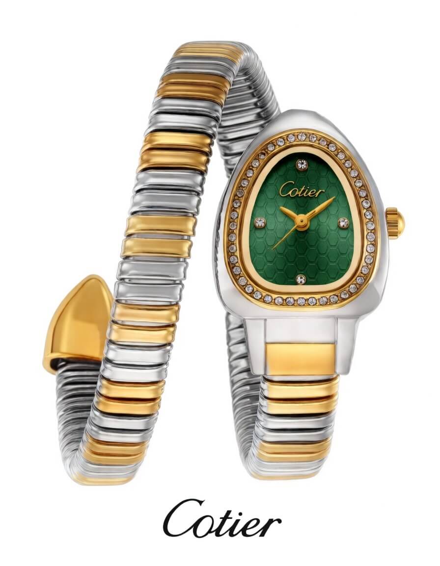 Cotier Two-Tone Snake Chain Crystal Green Watch