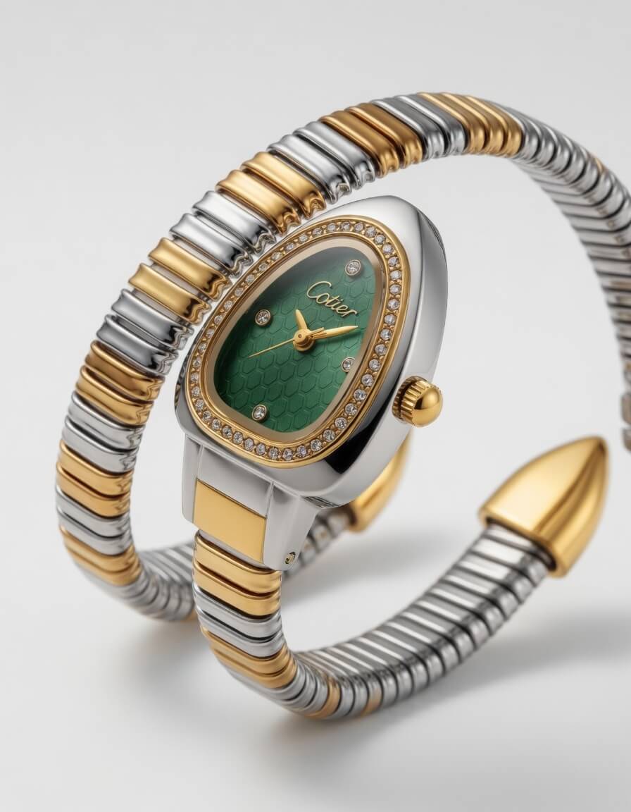 Cotier Two-Tone Snake Chain Crystal Green Watch