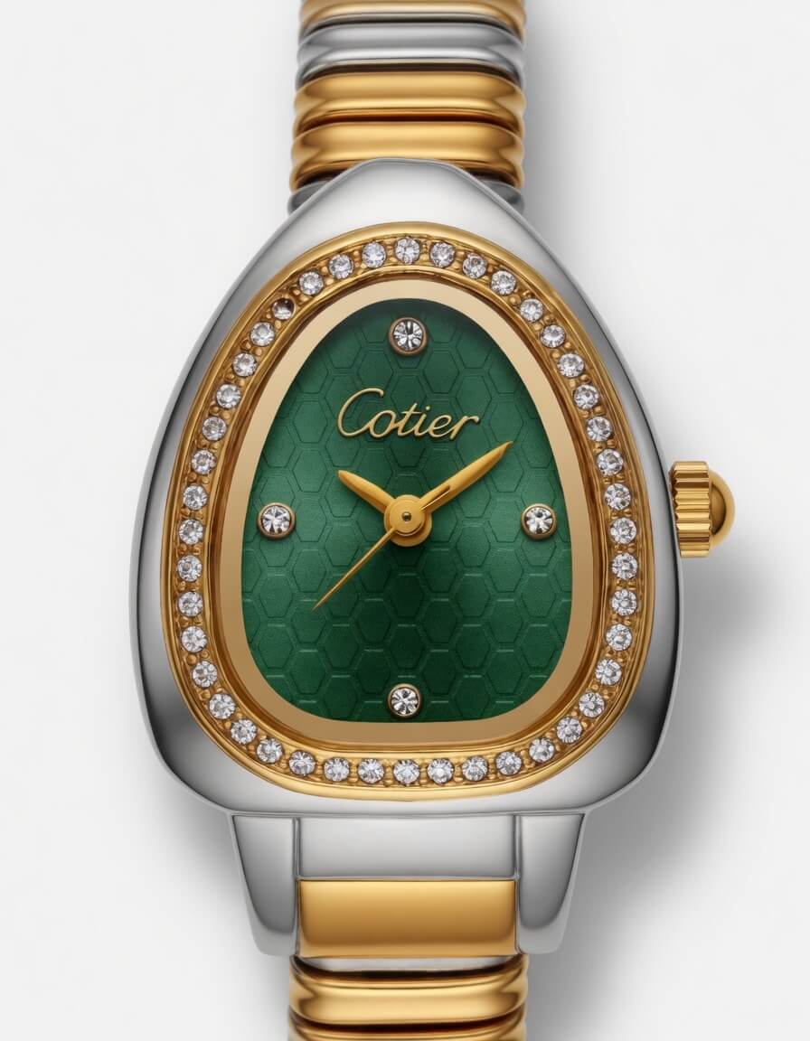 Cotier Two-Tone Snake Chain Crystal Green Watch