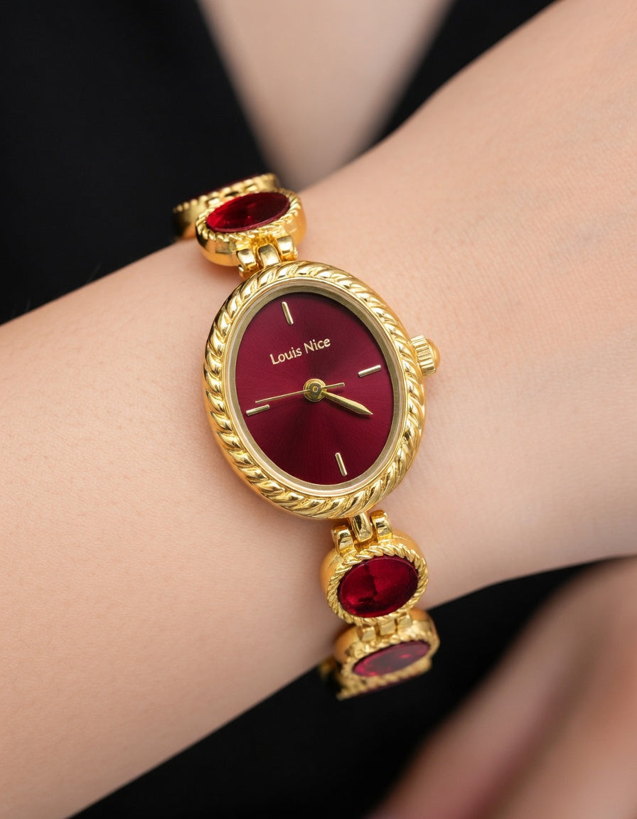 Louis Nice Red Gemstone Gold Watch