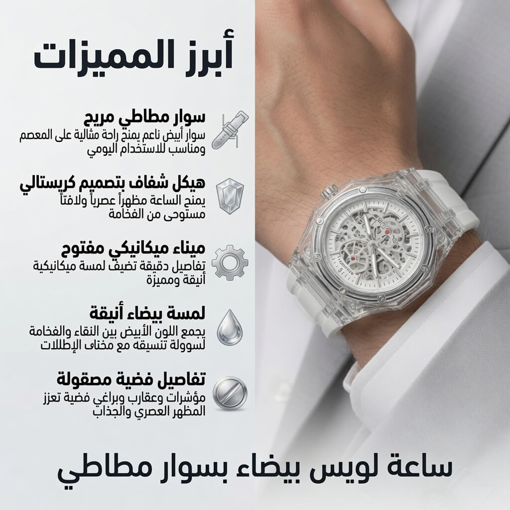 ساعة "لويس" بيضاء بسوار مطاطي